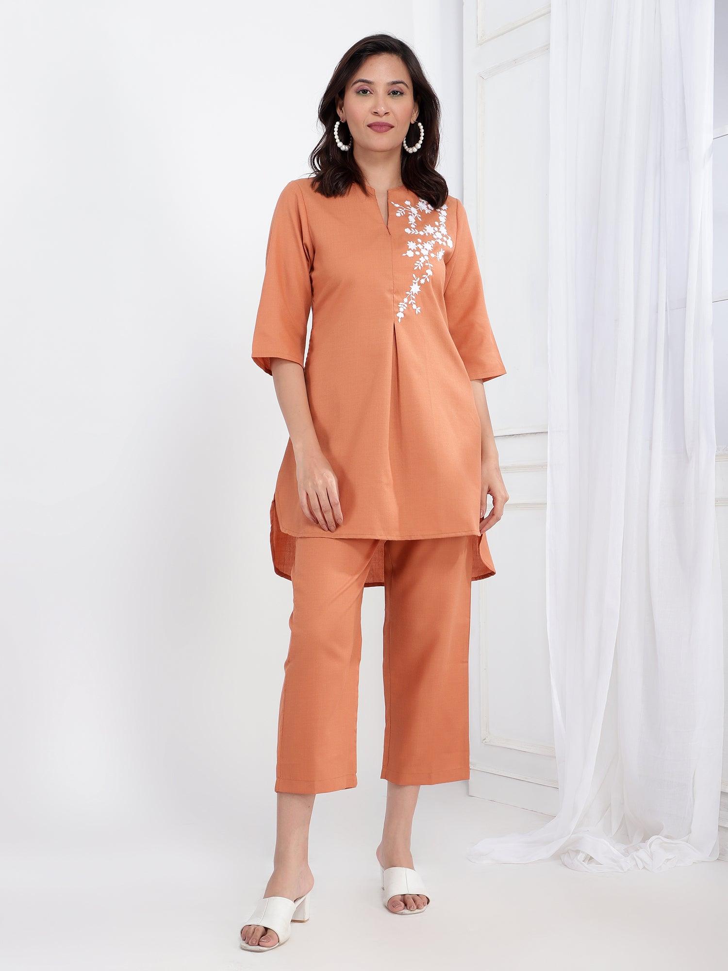 Embroidered V Neck Tunic With Trousers Co-Ords